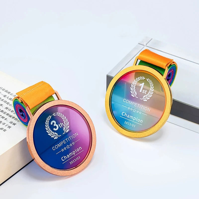 New Arrival Personalized Glass Round Metal Medal Cup Crystal Kids Race Sports Marathon 1st 2nd 3rd Medals Souvenirs