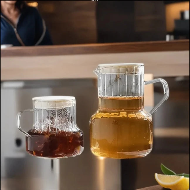 2024 New Accept Customization Kitchenware Portable Glass Teapot Kettles Striped Glass Wooden Lid Coffee Pot