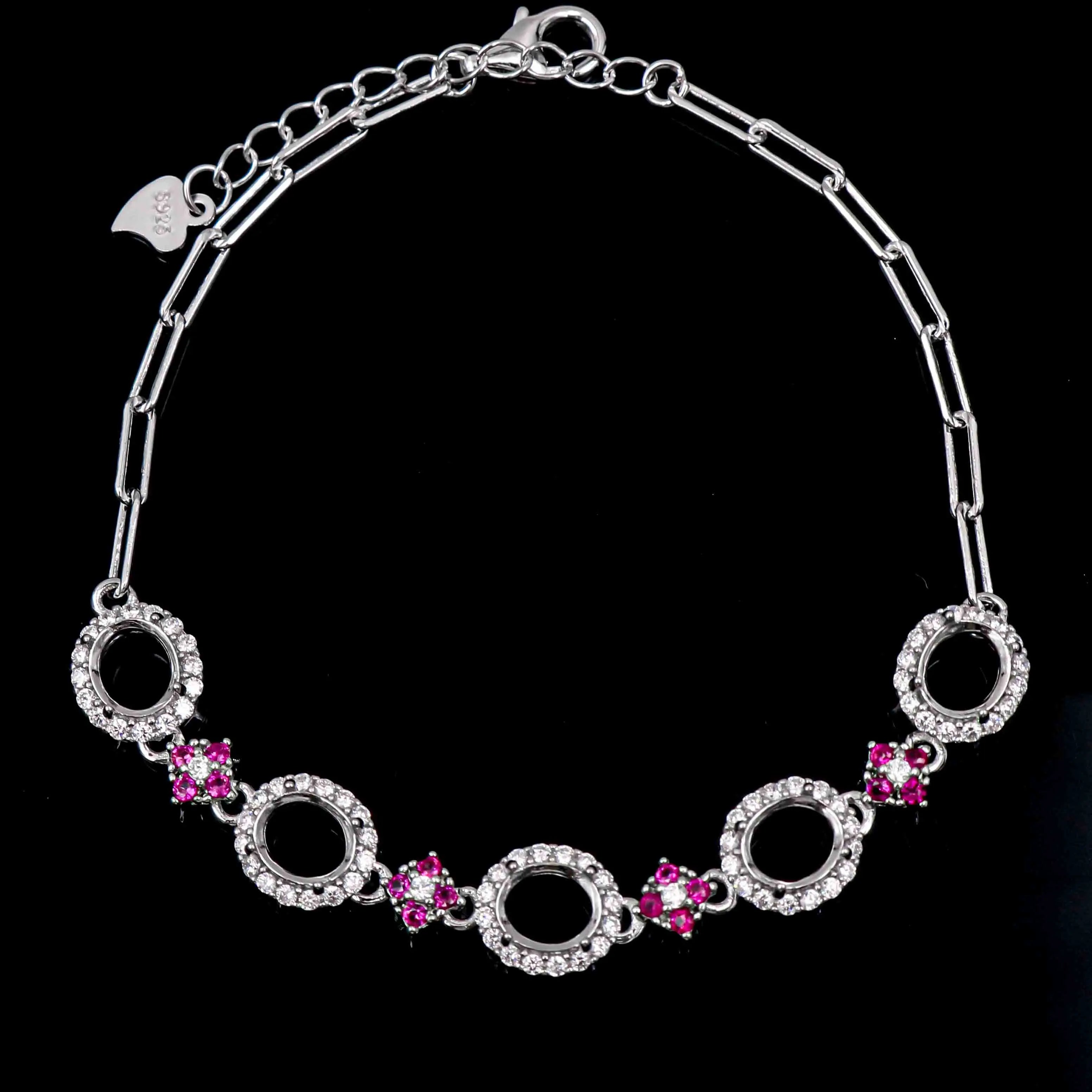 Sterling Silver 5*6mm Semi Mount Bracelet Empty Support Blank Claws Setting S925 Base Holder Without Center Stone Inlay for DIY