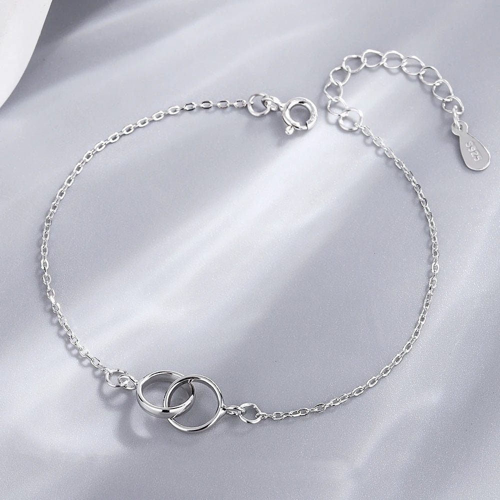 Fashionable 925 Sterling Silver Double Circle Bracelet Simple Geometric Circle Design with Personality Women Girls Anniversaries