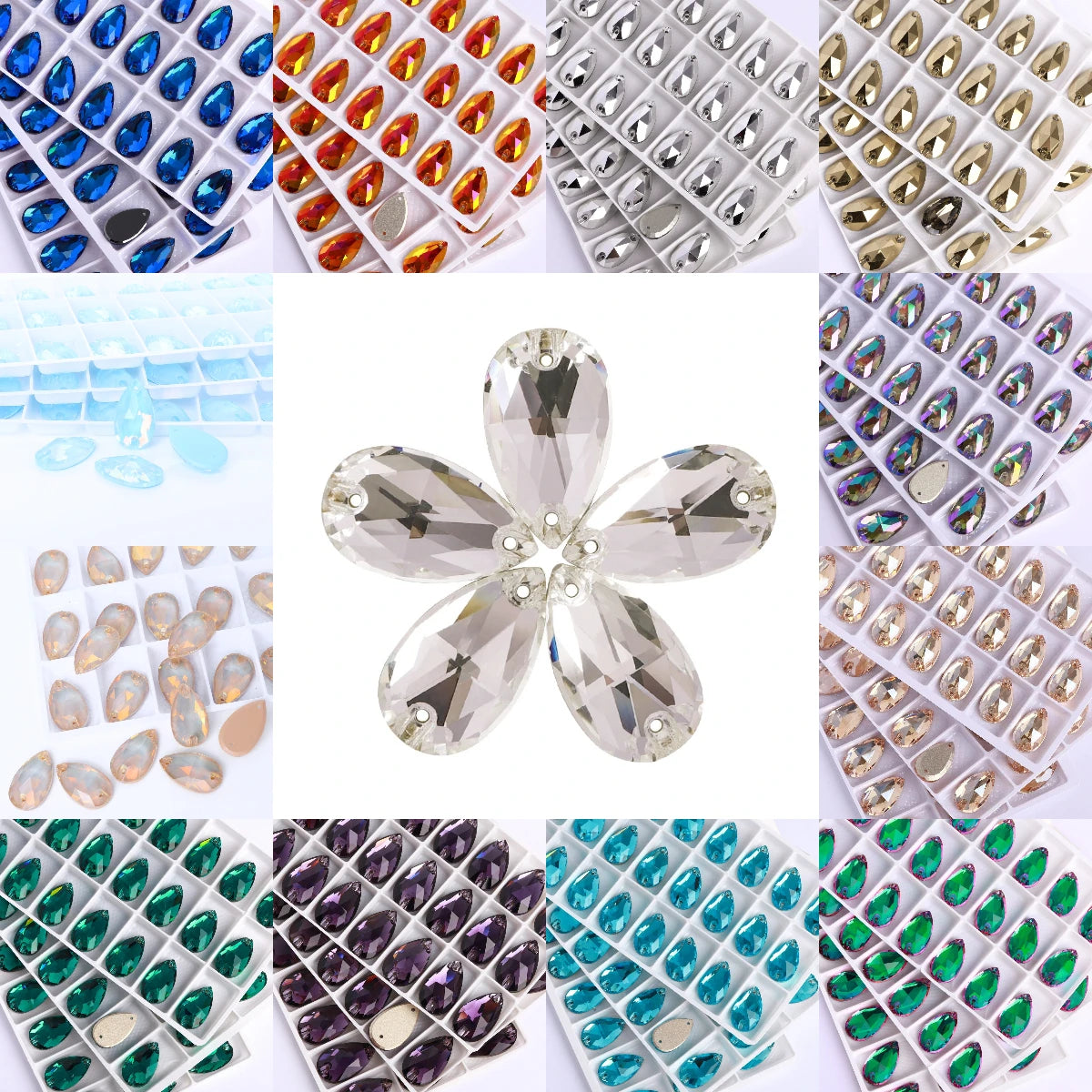 Latest Fashion Shape 51+ Colors Different Size Drop Shape Top Quality Flat Back Drop Sew-on Glass Crystal Rhinestone for Garment