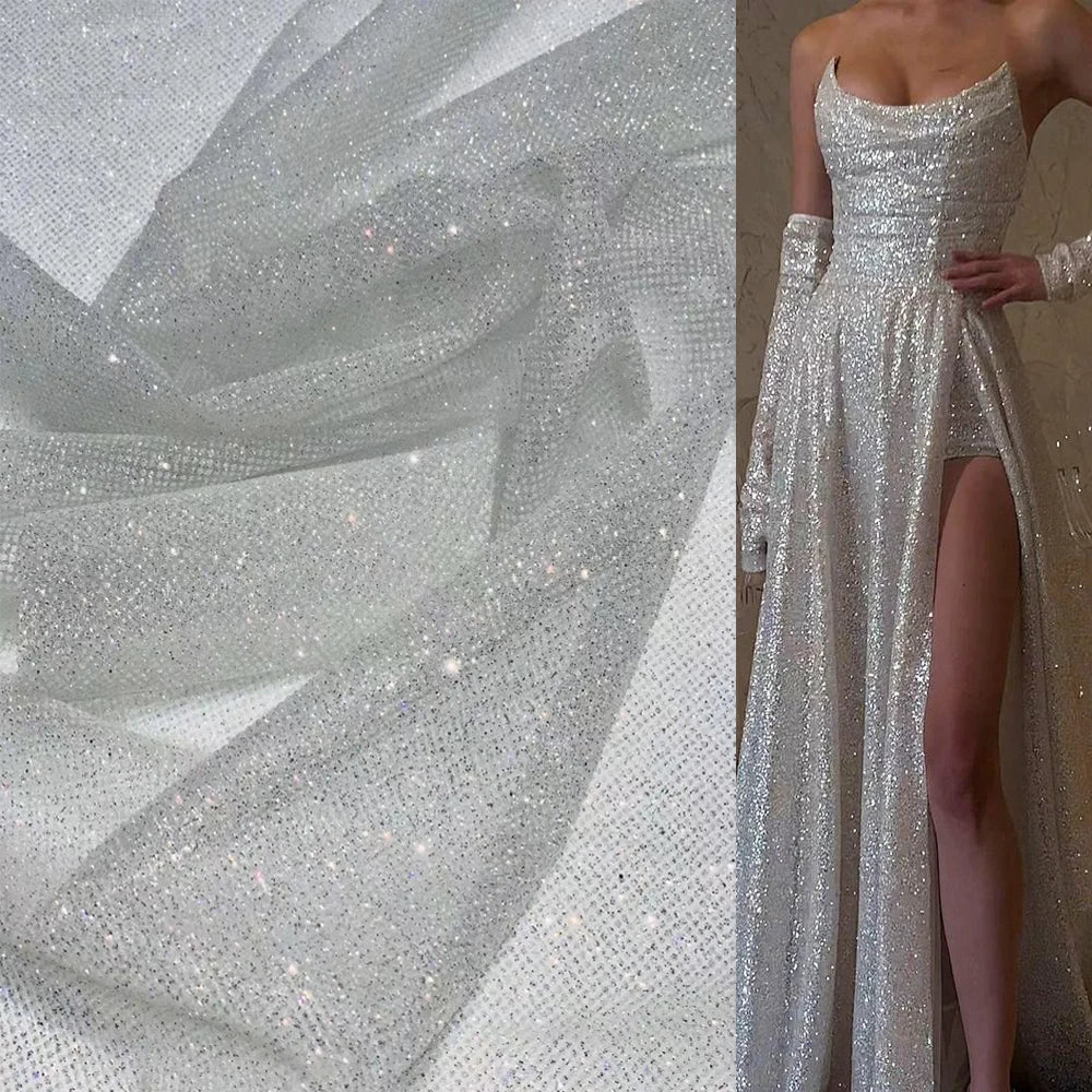 Ivory White Sparkle Glitter Net Fabric Glued Glitter Lace Shimmer Shiny Wedding Tulle Sequins Lace Fabric for Bridal Party Dress