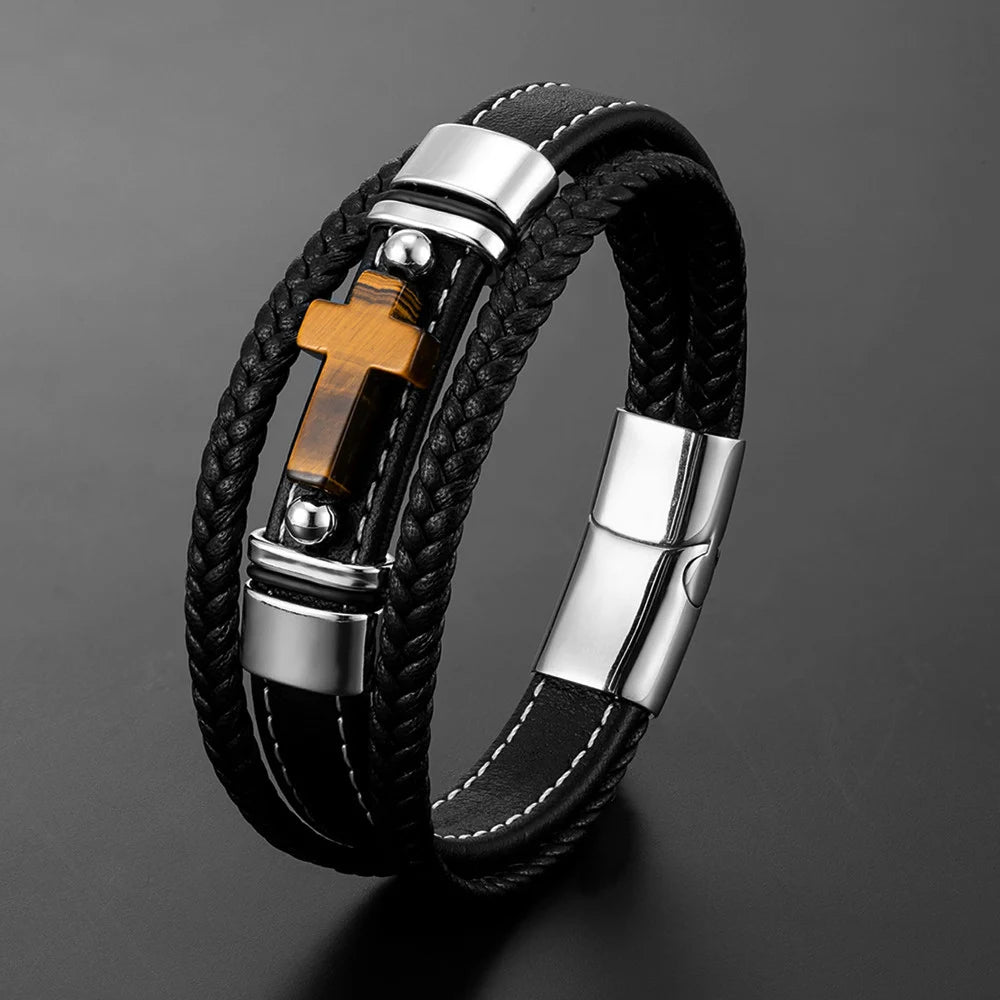 New Arrive Trendy Natural Tiger Eye Stone Cross Multilayer Genuine Leather Bracelet Magnetic Buckle Men's Leather Bracelet