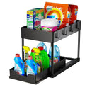 2-Tier Sliding Cabinet Organizer with Hanging Hooks Metal Cup Shelf Dish Rack for under Sink Bathroom Use 1kg Weight Capacity