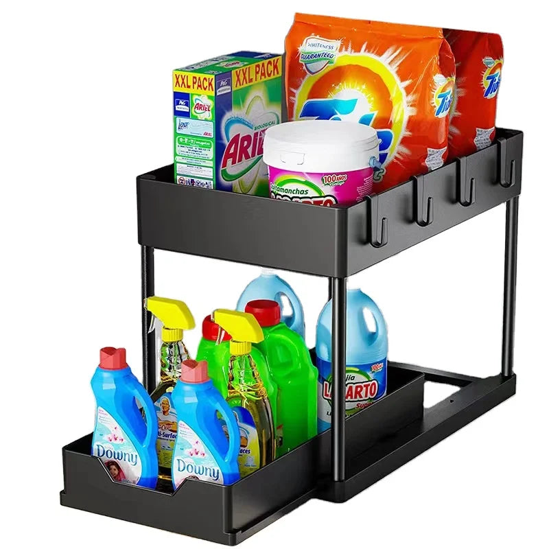 2-Tier Sliding Cabinet Organizer with Hanging Hooks Metal Cup Shelf Dish Rack for under Sink Bathroom Use 1kg Weight Capacity