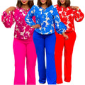D3289 Trendy Ladies Suits Office Wear Outfits for Women Printed Long Sleeve Top and Wide Leg Pants Two Piece Set for Women