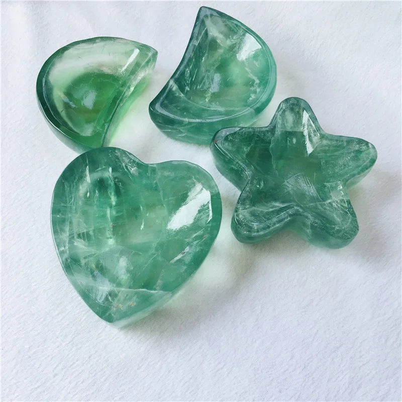 Wholesale Natural  Hand Engraving  Rock Crystal Bowl Green Fluorite Star  Moon and Heart Bowl for Decoration