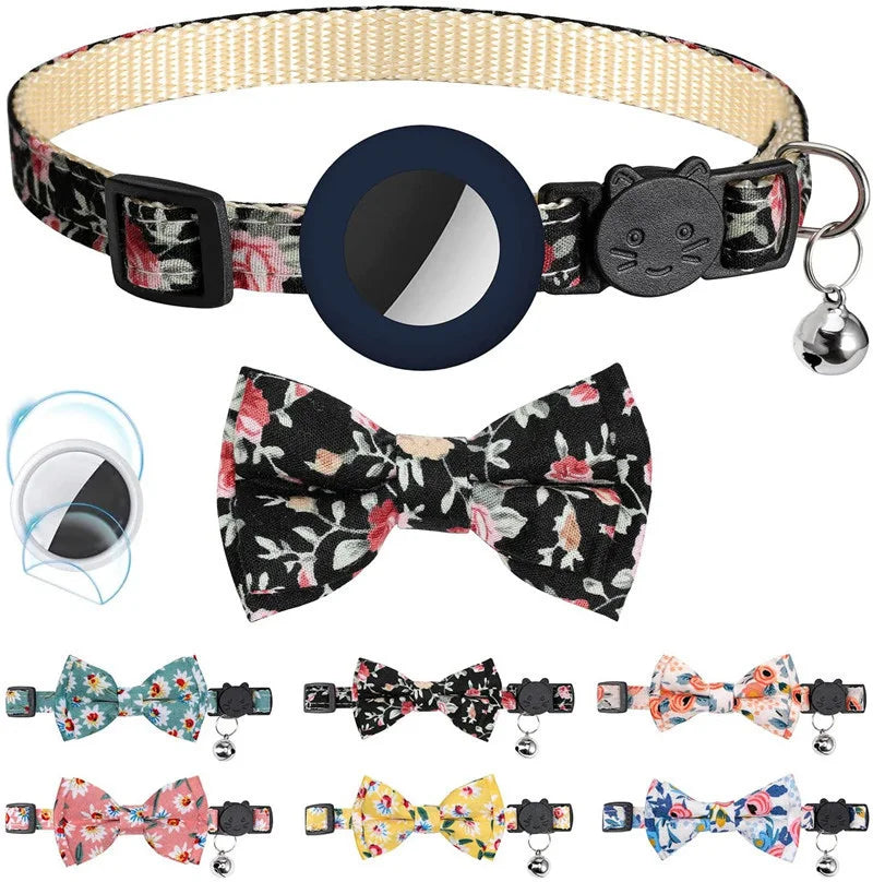 Cute Bow Tie Flower Airtag Cat Collar Adjustable Breakaway Personalized Nylon Waterproof Air Tag Holder with Bell