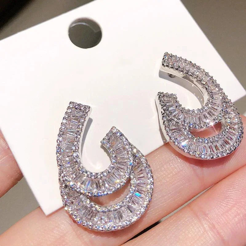 CAOSHI Hot Sale Gorgeous Irregular Design Full Cubic Zirconia Earrings for Women Wedding Jewelry Silver Plated Pendant Earrings