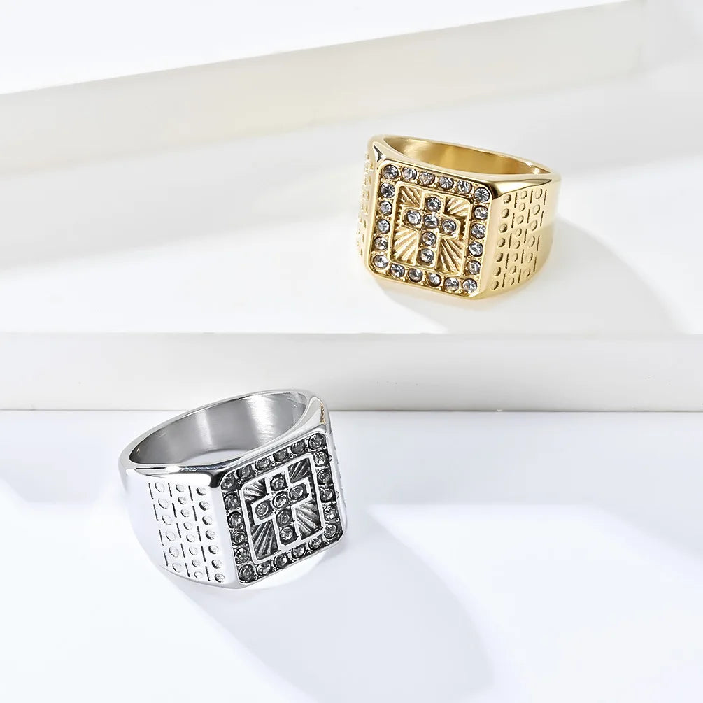Hip Hop Luxury Punk Hip Hop Square CZ Zircon Cross Stainless Steel 18k Gold Plated Ring for Men Personalized Accessories New