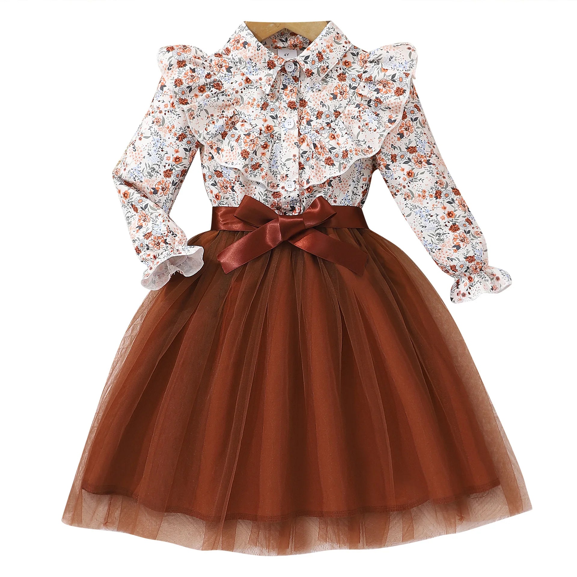 Spring Autumn Flower Girls Printed Dress New Product Children Mesh Dress Girl Princess Dress