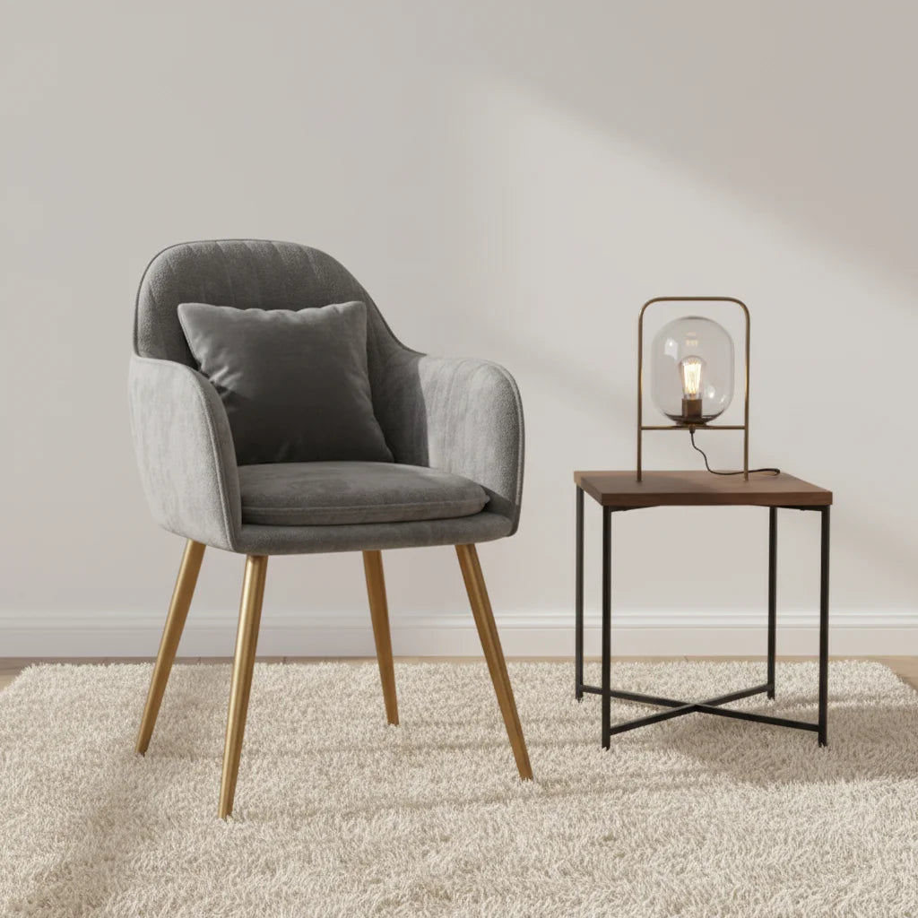Modern Design Fabric Dining Chair Metal Skeleton Comfortable Flannel Backrest Armrest Solid Color Ins Cafe Negotiations Home Use