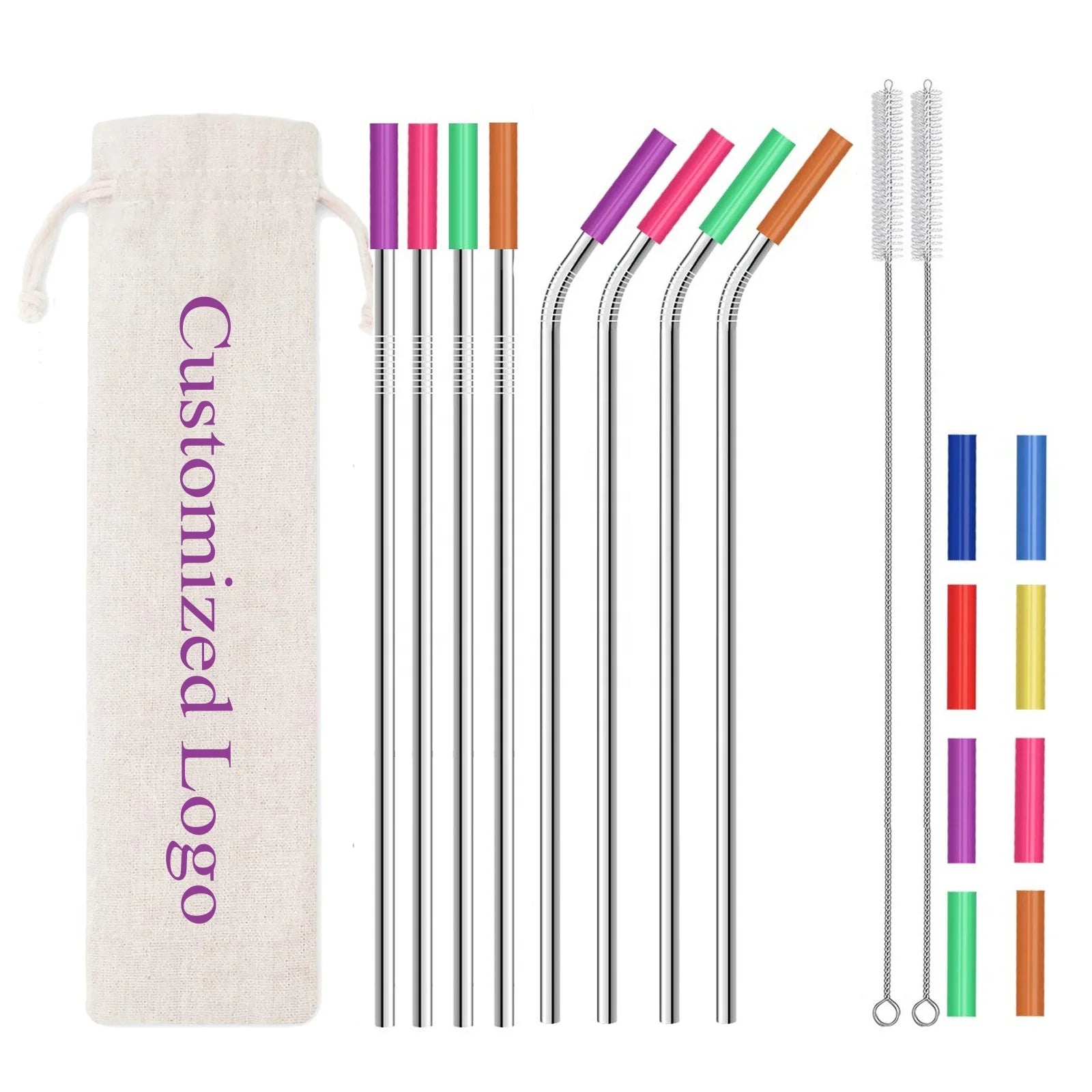 Eco Friendly Rose Gold Smoothie Stainless Steel Straw Bag Wholesale Drinking Straw With Silicone Tips Set