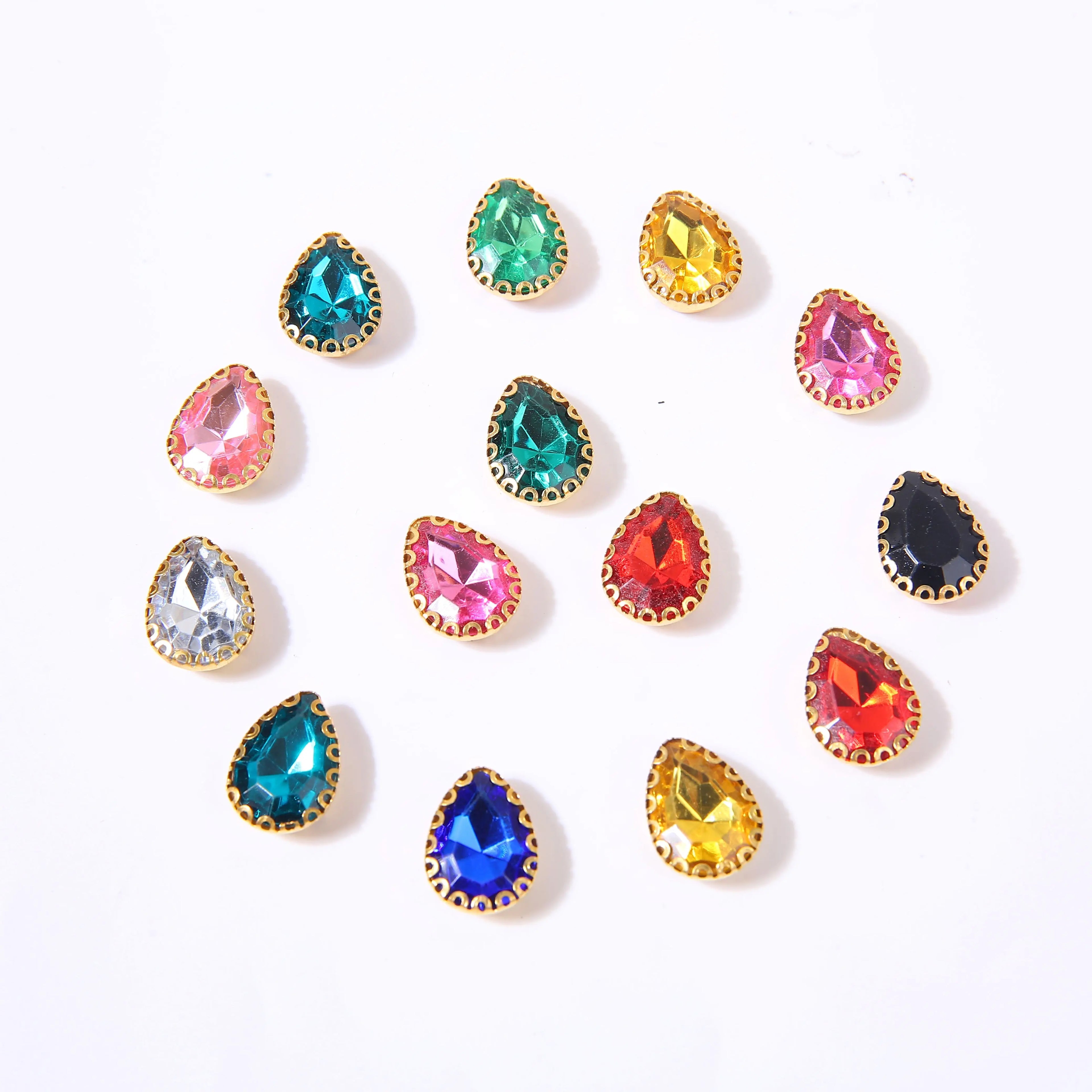 SINRONG 10*14 Gold Base Diamond Jewelry Sew-On Technique Acrylic Flower Basket Claw Drill for Drop Shape for Shoes Bags Clothing