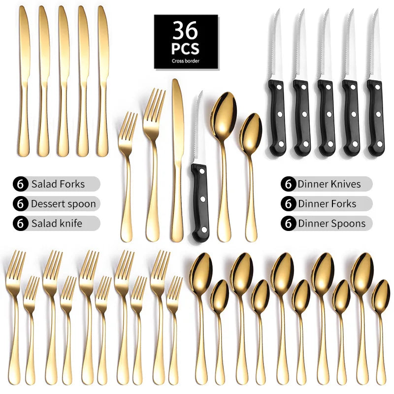 Hot 36Pcs Golden Cutlery Set Stainless Steel Flatware Steak Knife Fork Spoon Set Gold Restaurant Cutlery Set