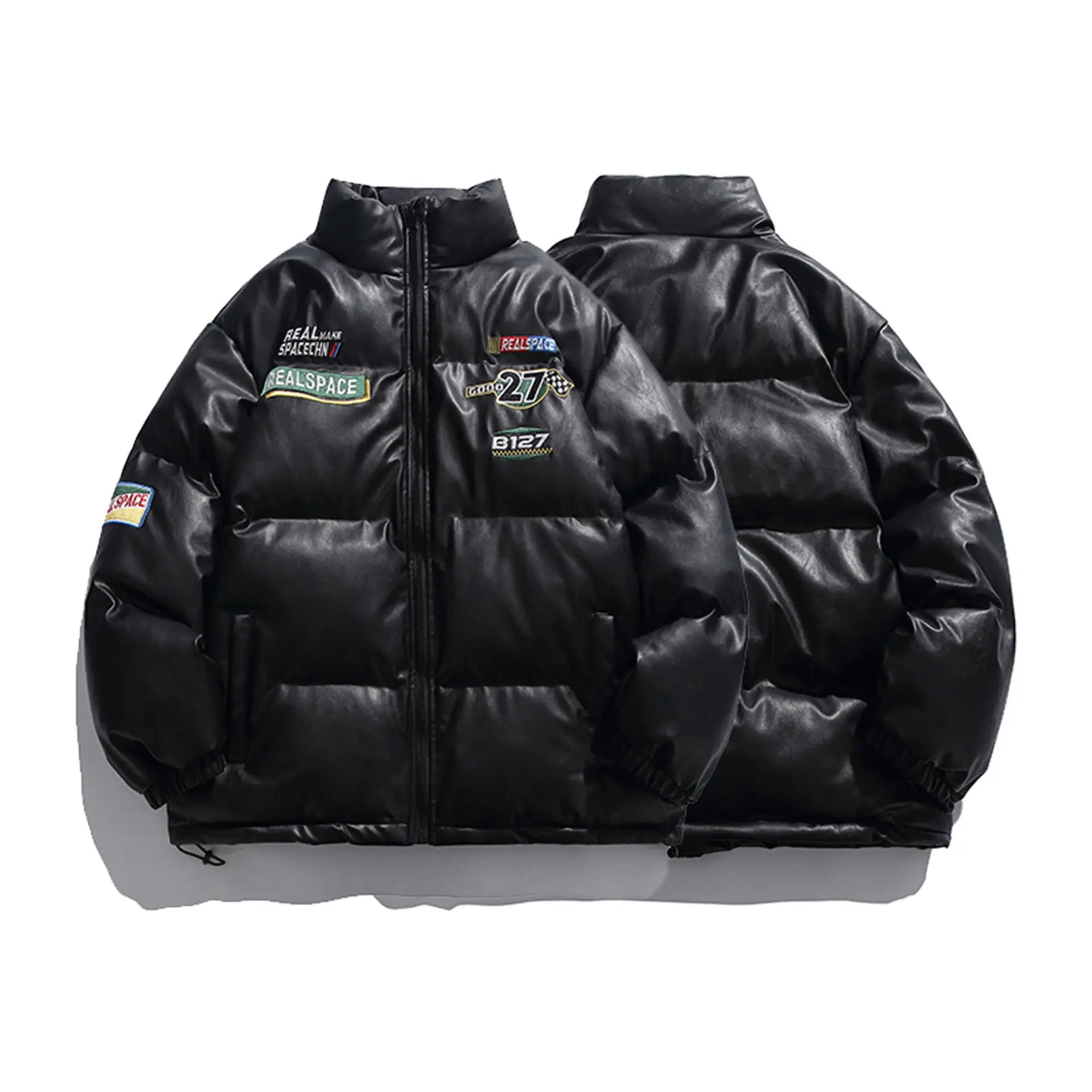 2024 Winters Leather Jacket Bubble Coat Men Black Bomber Leather Jacket Utility Embroidery Patch Mens Puffer Jacket Designer