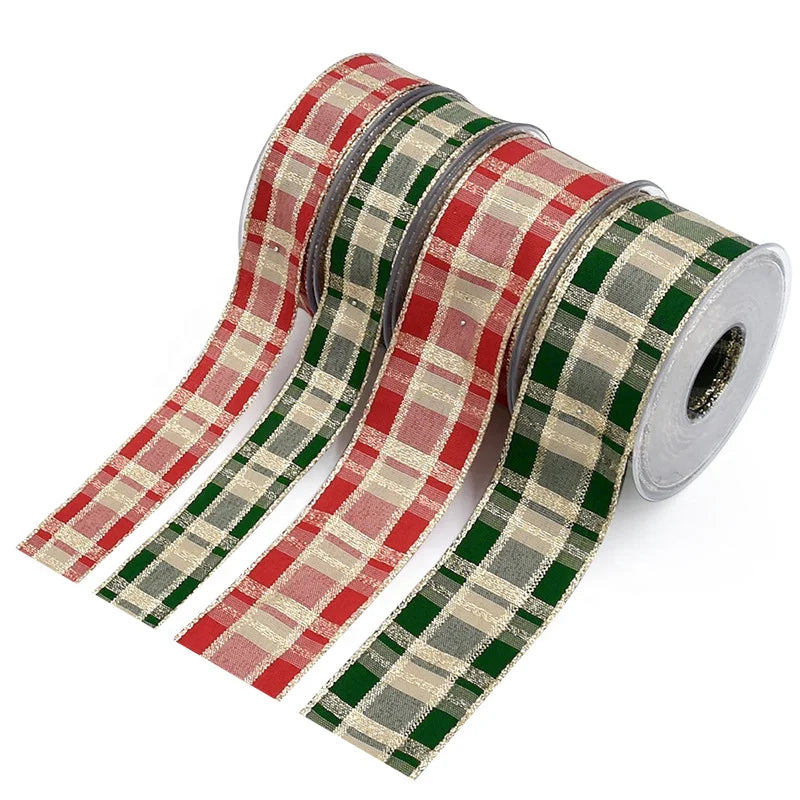 Okay High-End Jacquard Yarn-Dyed Ribbon 4CM 25mm Christmas Plaid Double Face Striped Design with Wire Edge for Gift Wrapping