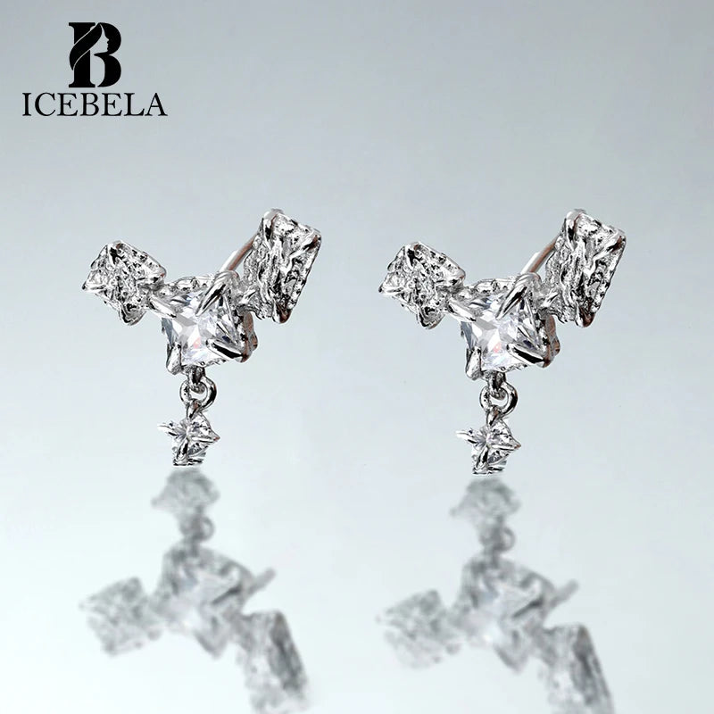 Wholesale 925 Sterling Silver Fine Jewelry Korean Unique Designer Shine Square Shape Inlaid Zircon Stud Earring for Girls