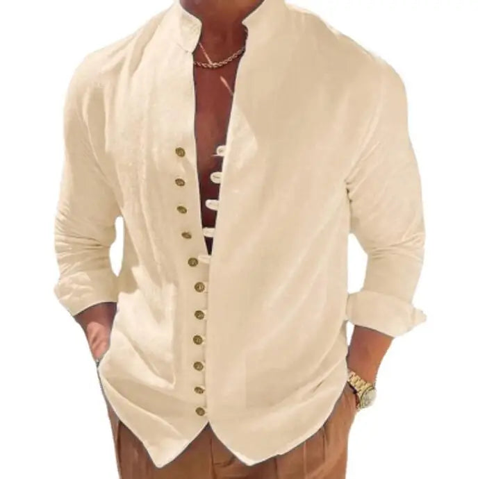 New Men's Casual Blouse Shirt Loose Tops Long Sleeve Shirt Men's Retro Cotton Linen Solid Color Shirts