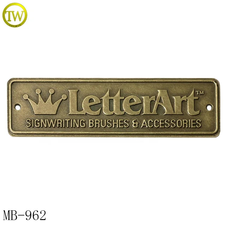 Custom Made Furniture Metal Plate Hardware Antique Brass Embossed Letter Metal Emblems for Machine