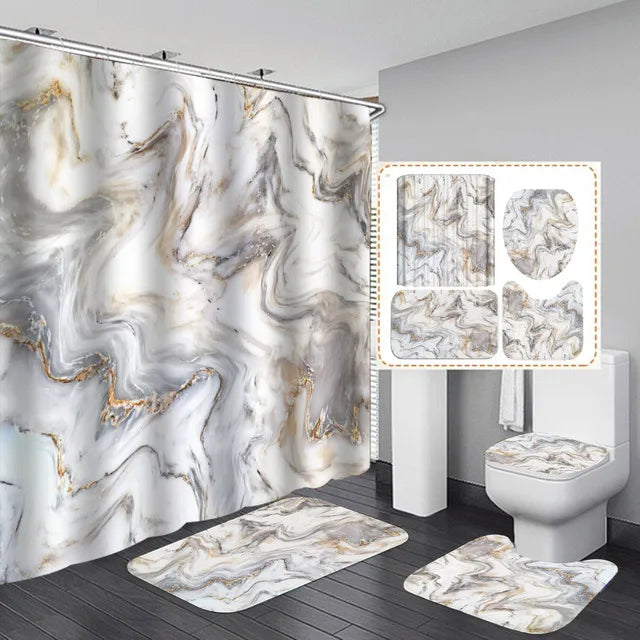Hot Sale Bathroom Shower Curtain Set Marble White Shower Curtain With Non Slip Rug Bath Mat Carpet Modern Toilet Lid Cover/