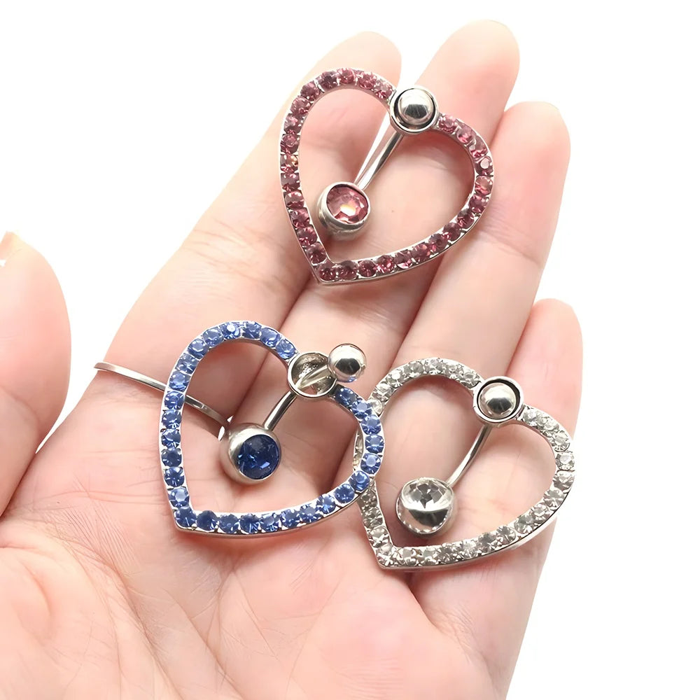 Hot Selling Women and Girls Piercing Body Jewelry Heart Navel Rings Double Gem Color Crystal Belly Button Ring