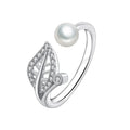 Leaf Design Open Adjustable Zircon 925 Sterling Silver Small Pearl Silver Rings Bulk for Mini Pearl