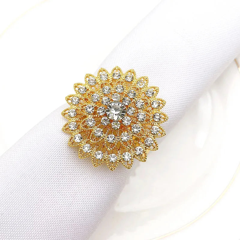 Luxury Table Accessories Luxury Colorful Rhinestone Gold Flower Napkin Rings Holder for Wedding