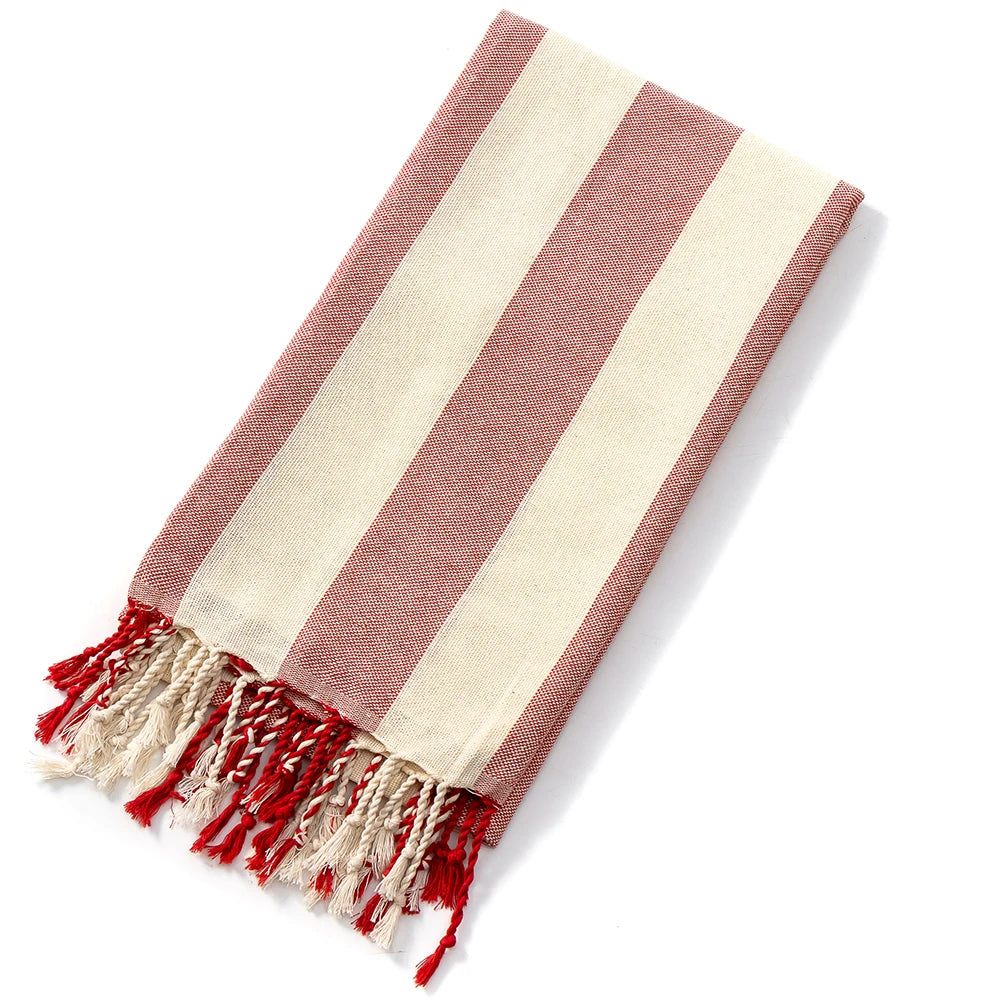 Organic Cotton Woven Striped Tassels Turkish Beach Towel Sand Free Customizable Eco-Friendly Adult All-Season