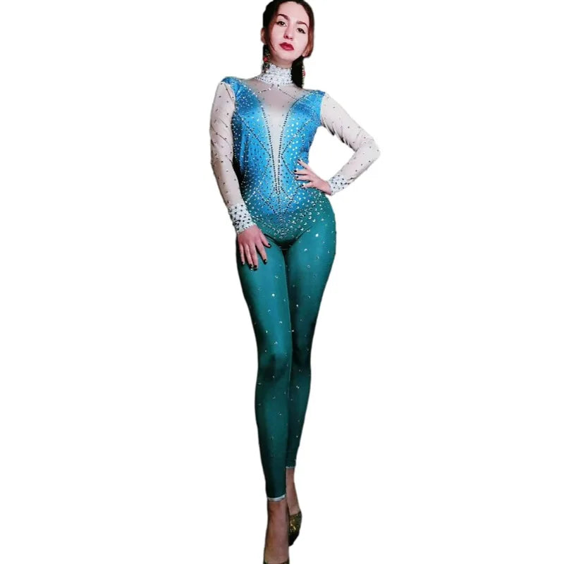 Fashion Long Sleeves Rhinestone Leotard Rhythmic Gymnastics Stage Costume Women Bodycon One Piece Jumpsuits Playsuits Plus Size