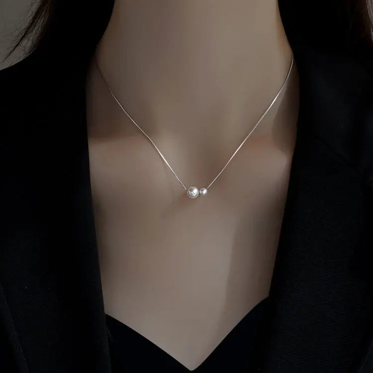 Tarnish Free Stainless Steel Box Chain Collarbone Necklace Jewelry Dainty Luxury Big Small Two Pearl Necklace for Women Girls