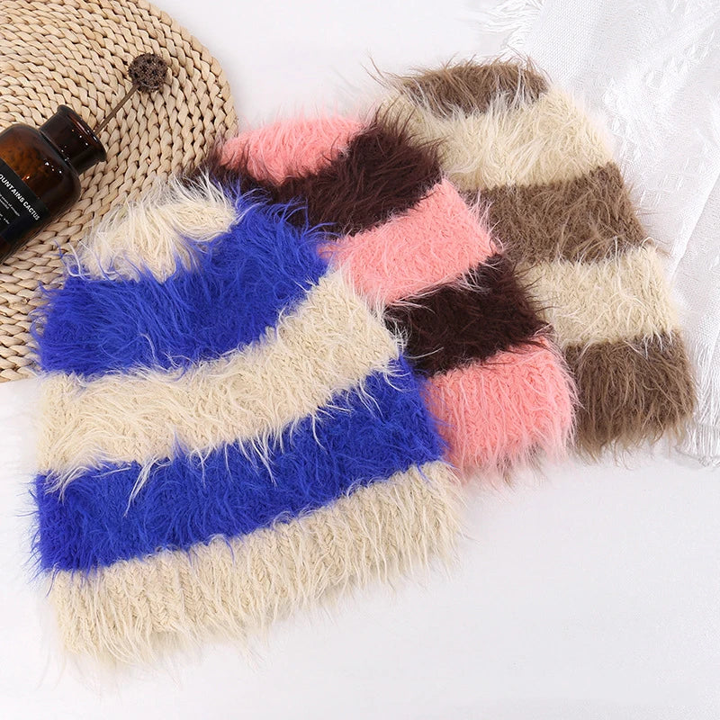 Wholesale High Quality Unisex Winter Cap Character Custom Logo Winter Knitted Sports Hats Jacquard Striped Mohair Beanie Hat