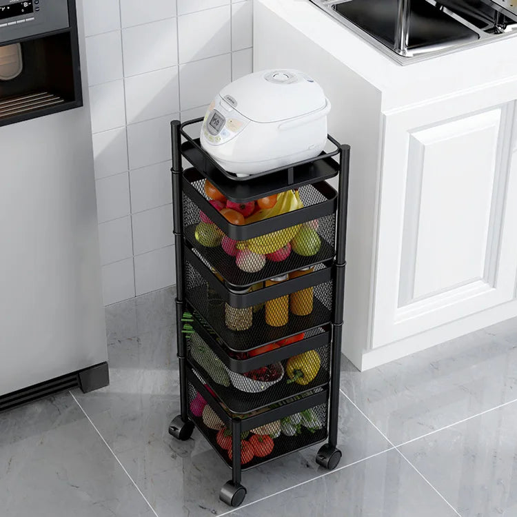 Rolling Rotating Vegetable Rack Floor Standing Iron Kitchen Storage Cart 2-5 Tier Mesh Fruit Organizer with Wheels for Corner