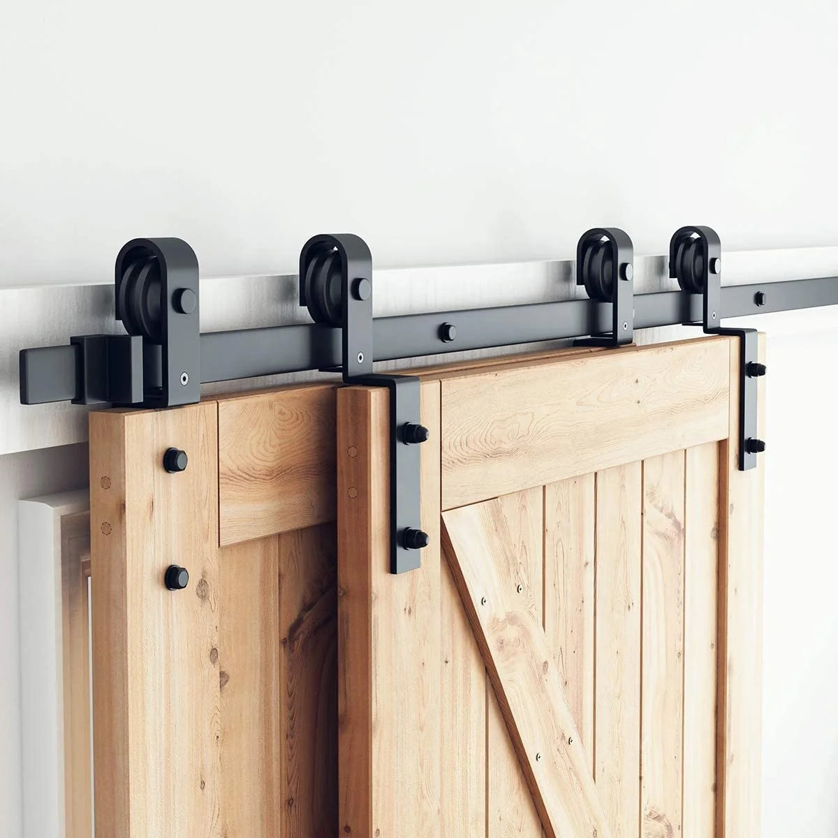RHETECH Custom Modern Bypass Sliding Barn Door Hardware Kit Durable Satin Steel Double Door System for Entry Bathroom Easy Screw