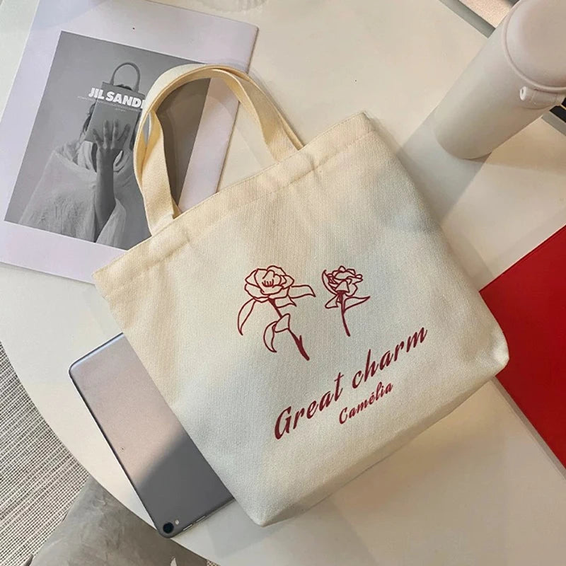Medium Size Korean Literary Canvas Tote Bag Large Capacity Custom Printed Logo Eco-Friendly Reusable Cotton Bag for Students