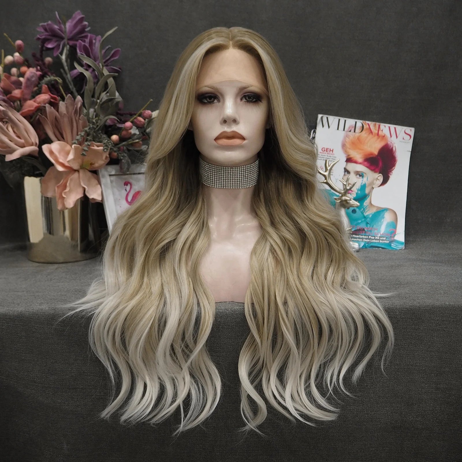 Celebrity T-part Highlight Dark Brown Lace Front Wigs Soft Transparent Small Knots Natural Hairline Synthetic Hair Wigs