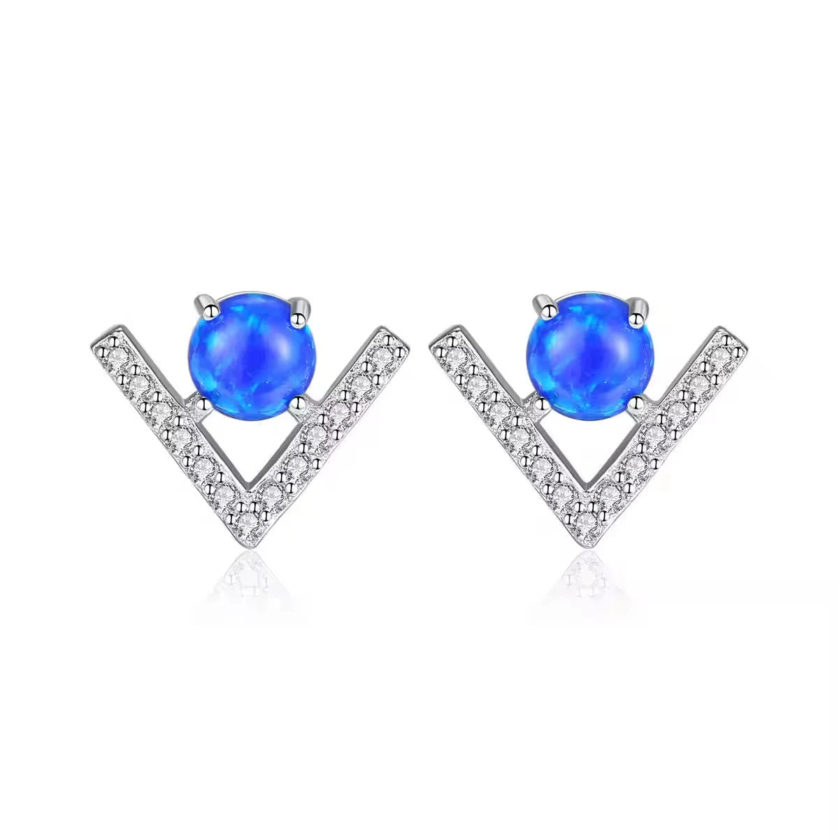 Fine Jewelry S925 Sterling Silver Cubic Zircon Triangle V Opal Stud Earrings for Women