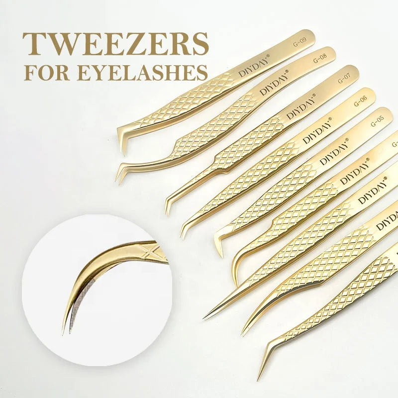 DIYDAY Eyelash Beauty & Tools Gold Stainless Steel Curved Tweezers for Eyelash Extension