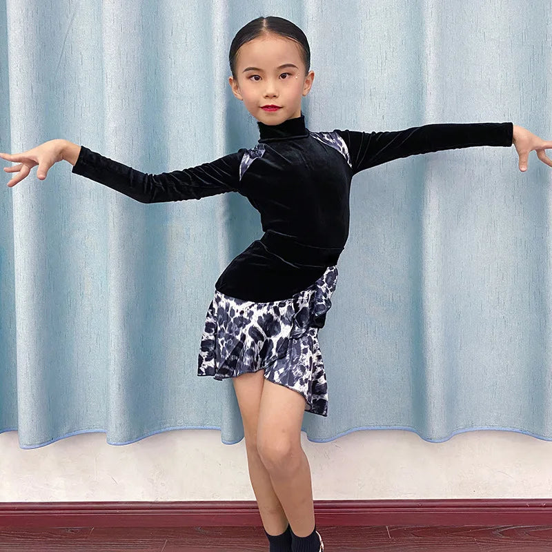 Girls Practice Latin Performance Dress Female Long Sleeve Art Test Dress Autumn