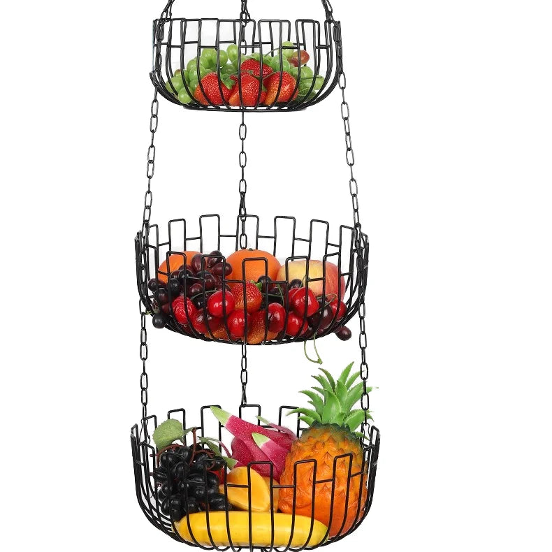 Three-Layer Black Painted Iron Fruit Hanging Basket Foldable Metal Baskets for Kitchen & Living Room Household Storage Tool