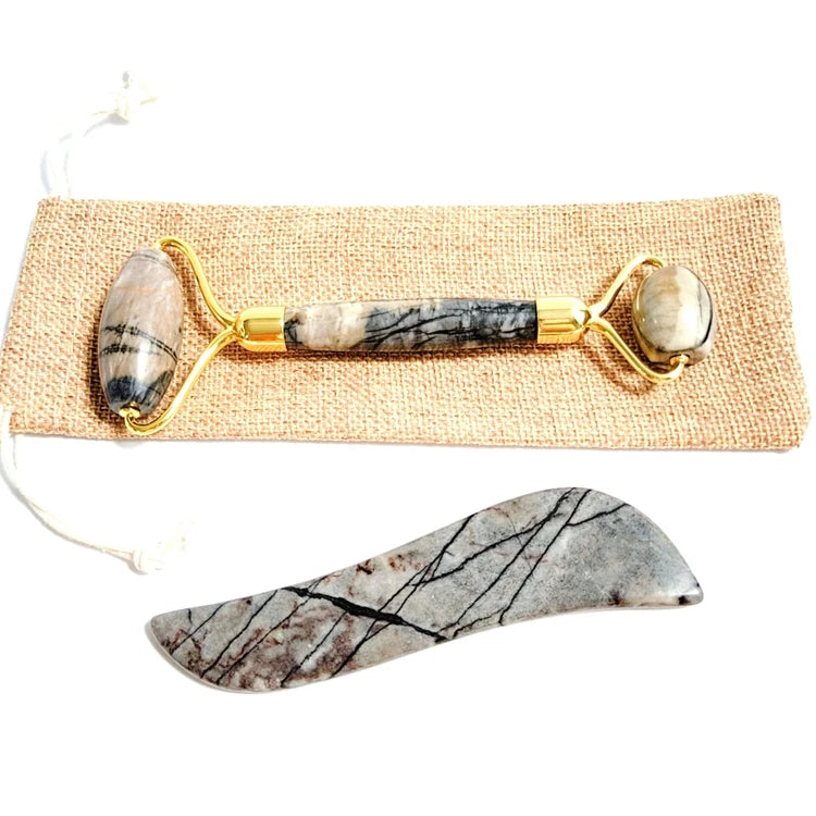 2026 Natural Picasso JasperJade Roller Set Prive Label Slimming Massage Picasso JasperGua Sha Stone Set with Box for Anti Aging
