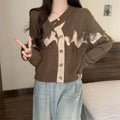 Fashion Jackets Knitwear Tassel Cardigan Sweater for Women Hollow Out Blue and Grey Color Splice Button Cardigan Top