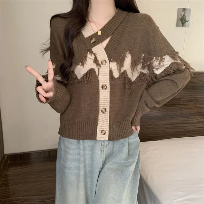 Fashion Jackets Knitwear Tassel Cardigan Sweater for Women Hollow Out Blue and Grey Color Splice Button Cardigan Top
