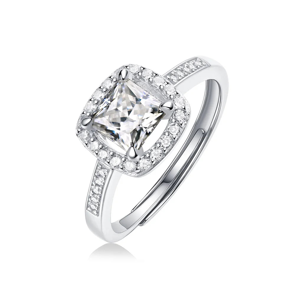 1Carat Adjustable Sterling Silver 925 Ring for Women Square Moissanite Engagement Wedding Ring Girl