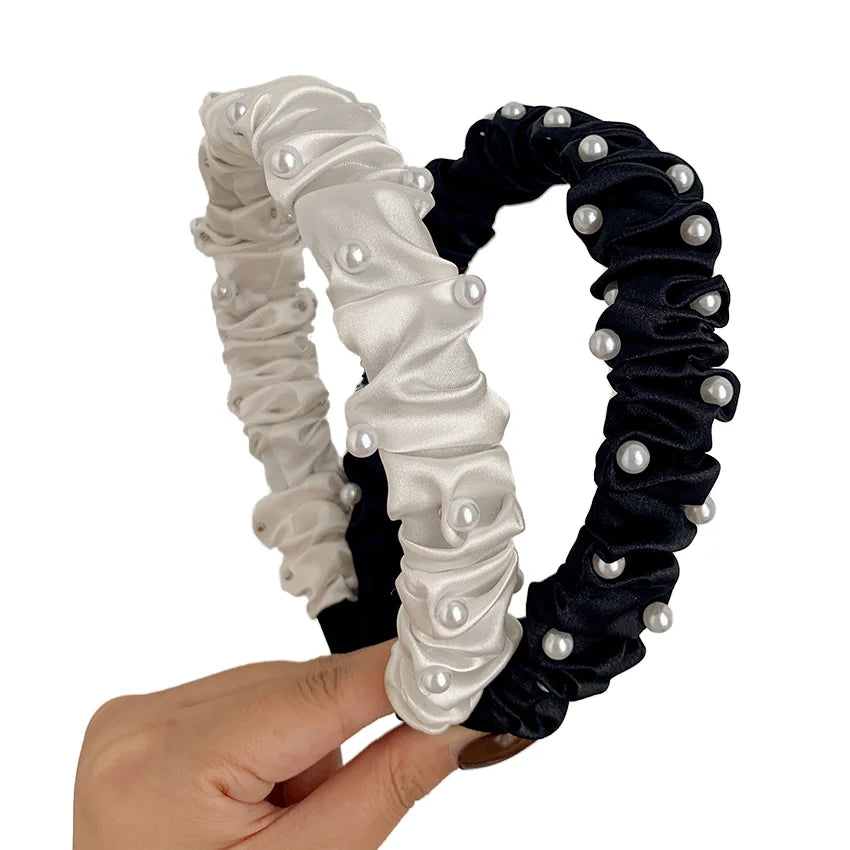Luxury 29g Girls Hair Accessories Soft Color Elastic Fabric Fold Knot Hair Hoop Spa Fashionable Pearl Headband