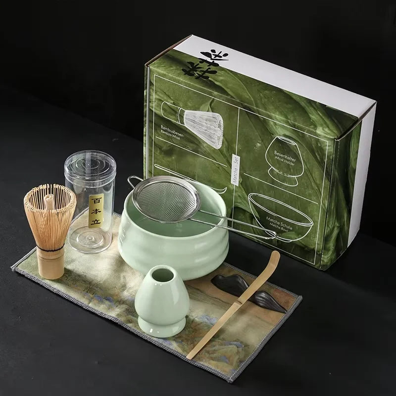 Matcha Kit Japanese Tea Matcha Organic Bamboo Whisk Matcha Set with Spout and Coaster Whisk and Holder Stainless Steel Sifter