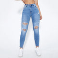 Women's High-Waisted Elastic Stretch Denim Skinny Blue Jeans Woven Casual Style with Ripped Design