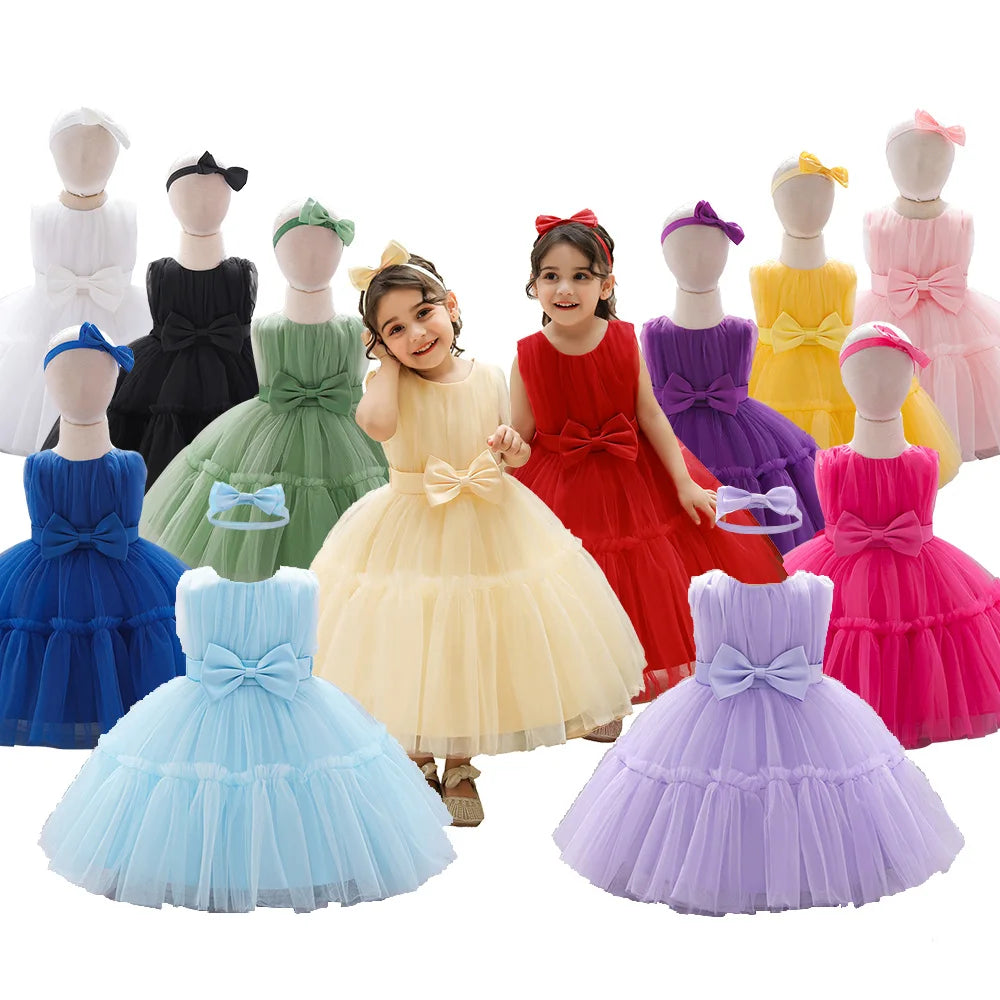 Wholesale Kids Party Dress for Girls Little Organza Beach Birthday Dress with Bow Knot Fluffy Layers O-Neck Collar for Children