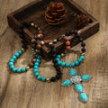 Women Western Jewelry Vintage Ethnic 8mm Natural Stone Glass Knotted Necklace Turquoise Flower Cross Pendant Necklace