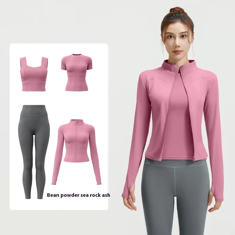 Women's Sustainable Four-Piece Yoga Set Printed Pattern Fitness Sports Jacket Elastic Waist Peach Hip Pants for Running Gym Use